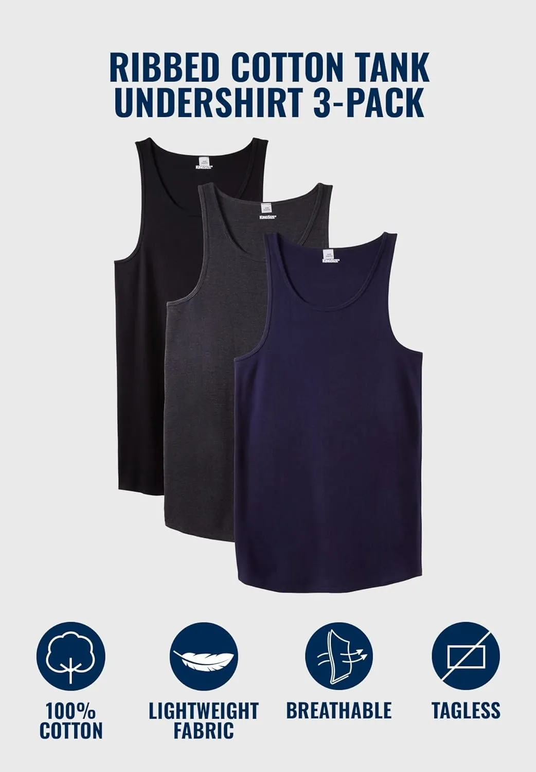 KingSize Men's Big & Tall 3-Pack Ribbed Cotton Tank Undershirt