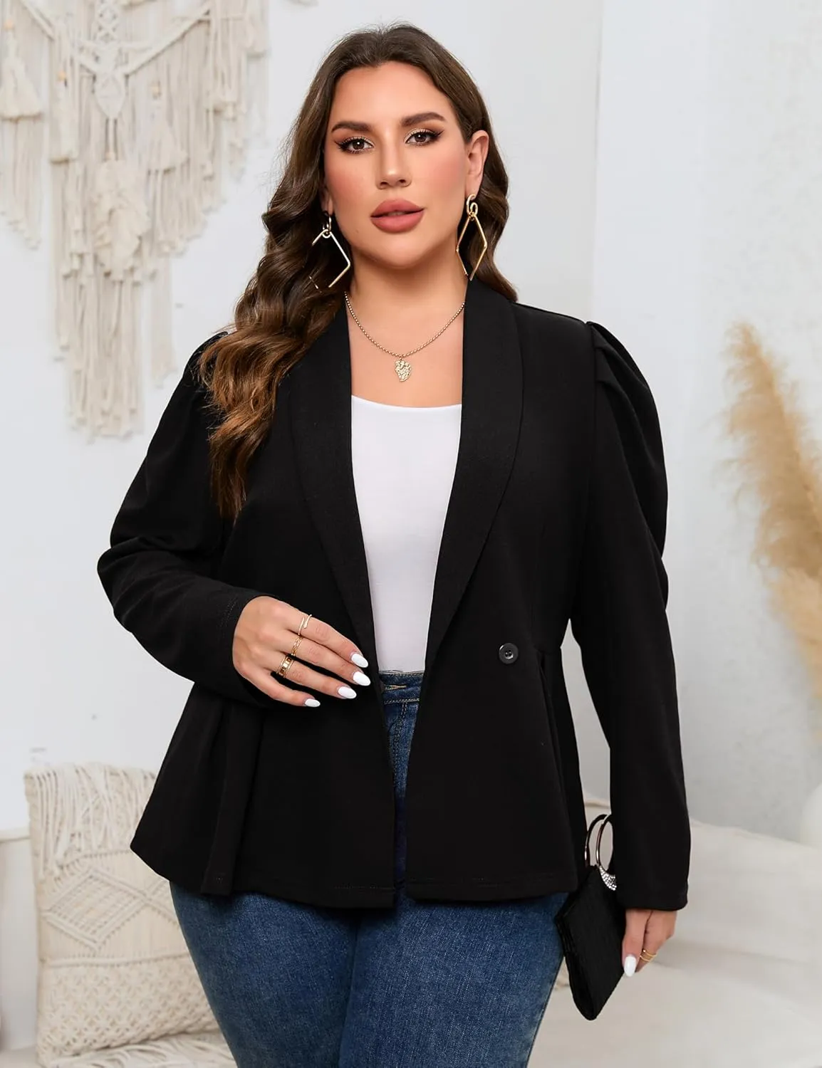KOJOOIN Womens Plus Size Business Casual Blazers for Work Long Sleeve Shawl Lapel Knit Blazer Suit Jackets