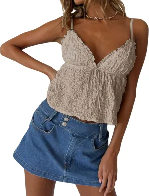 Lace Babydoll Cami Top for Women Sexy Spaghetti Straps Camisoles Empire Waist Semi Sheer Flowy Bodice Tank Tops