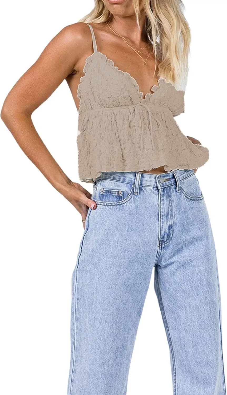 Lace Babydoll Cami Top for Women Sexy Spaghetti Straps Camisoles Empire Waist Semi Sheer Flowy Bodice Tank Tops