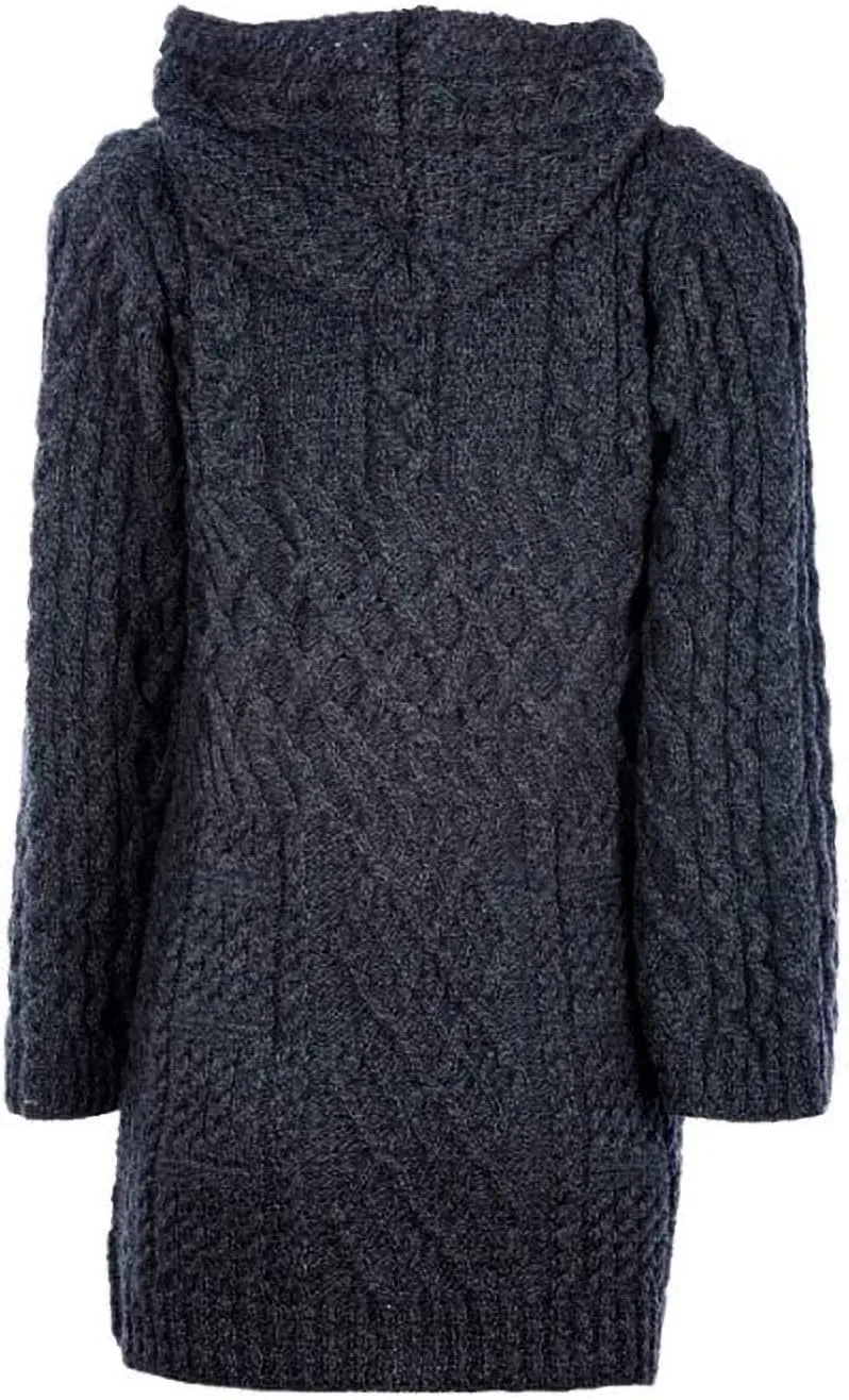 Ladies - Merino Wool - Irish Knit - Buttons Long Cardigan for Women with Hood and Front Pockets Made in Ireland