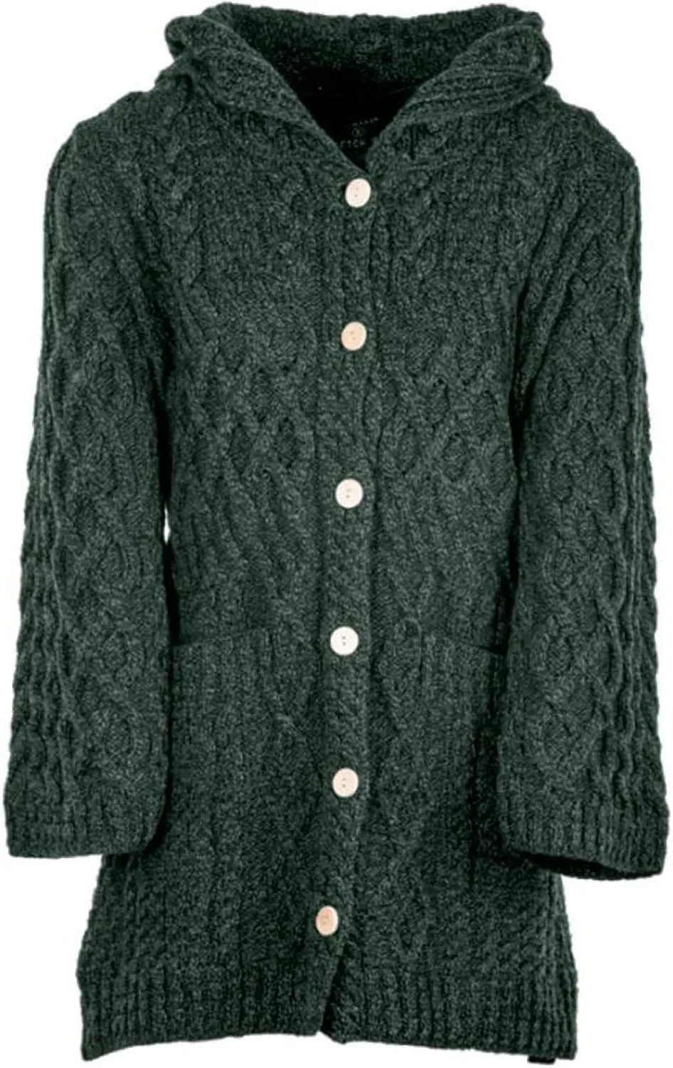 Ladies - Merino Wool - Irish Knit - Buttons Long Cardigan for Women with Hood and Front Pockets Made in Ireland