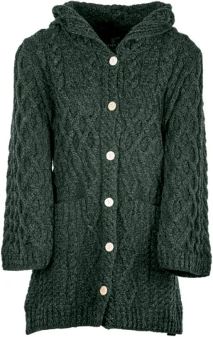 Ladies - Merino Wool - Irish Knit - Buttons Long Cardigan for Women with Hood and Front Pockets Made in Ireland
