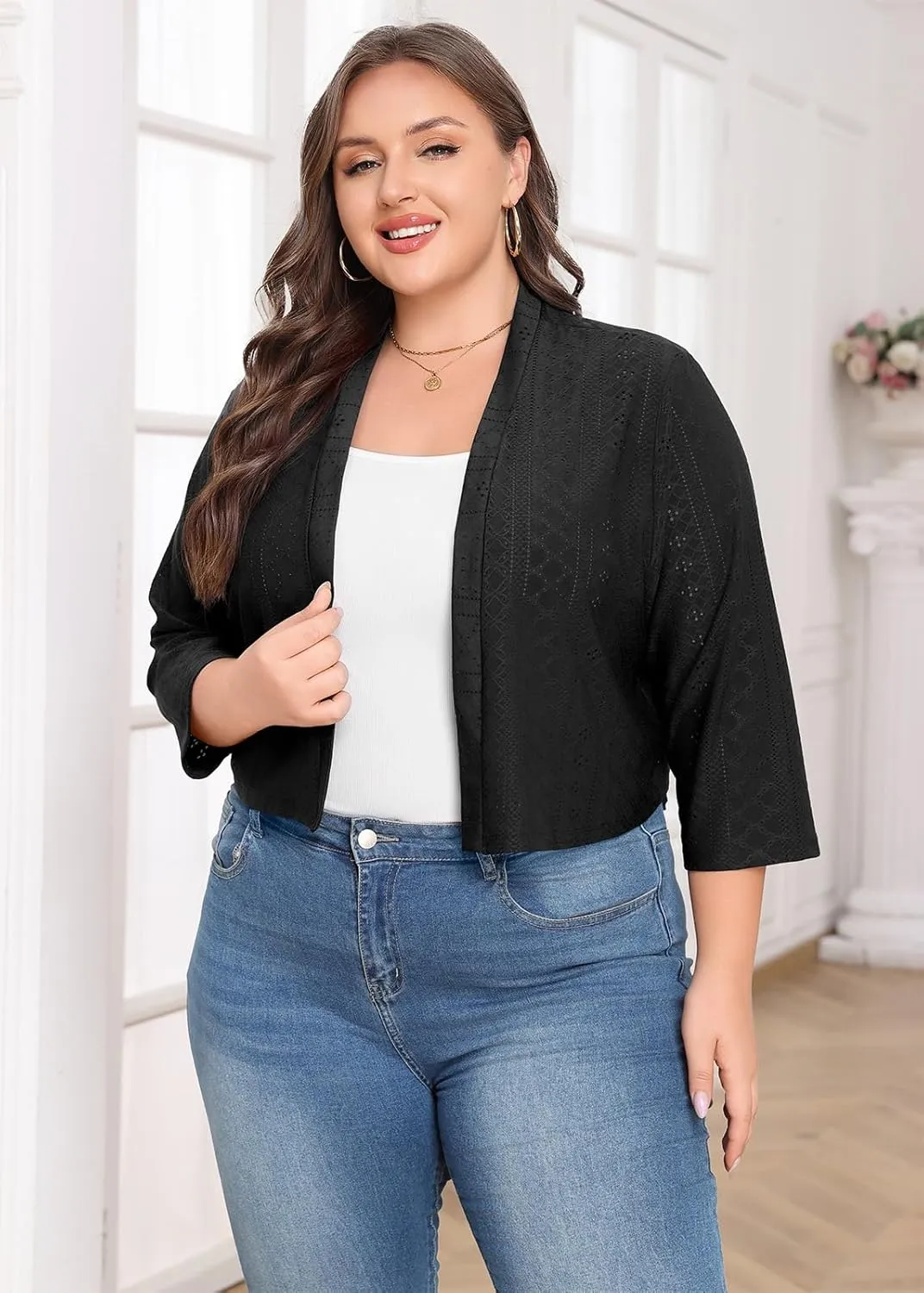 Lastshe Women's Plus Size Shrug Open Front 3/4 Sleeves Cropped Bolero Openwork Fabric Cardigan