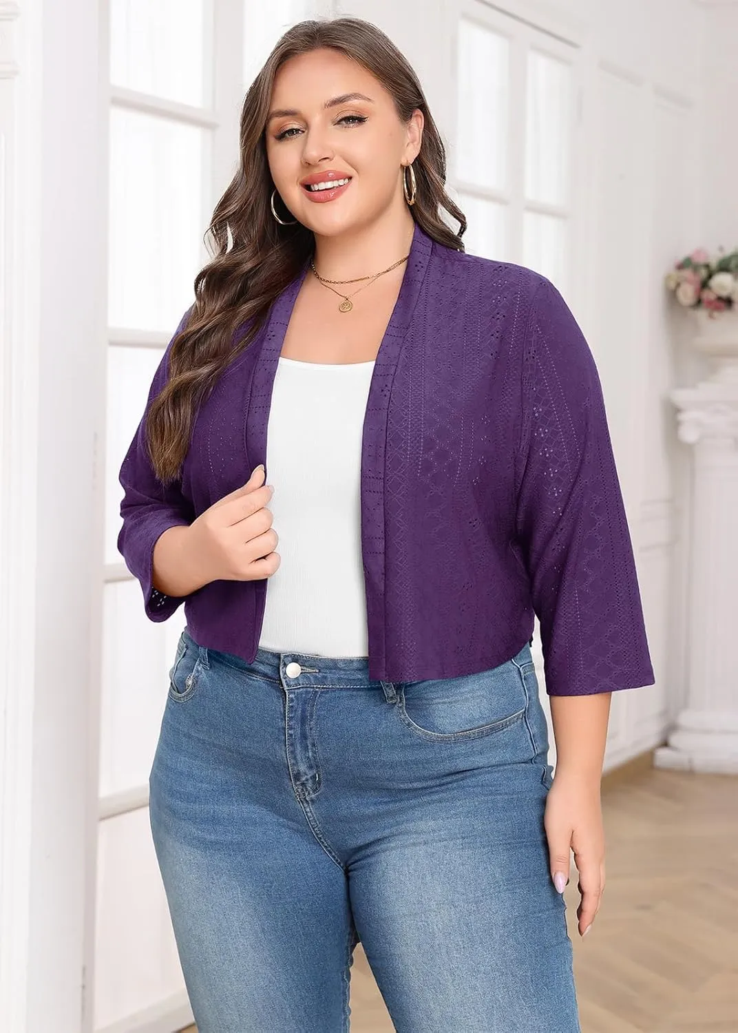 Lastshe Women's Plus Size Shrug Open Front 3/4 Sleeves Cropped Bolero Openwork Fabric Cardigan