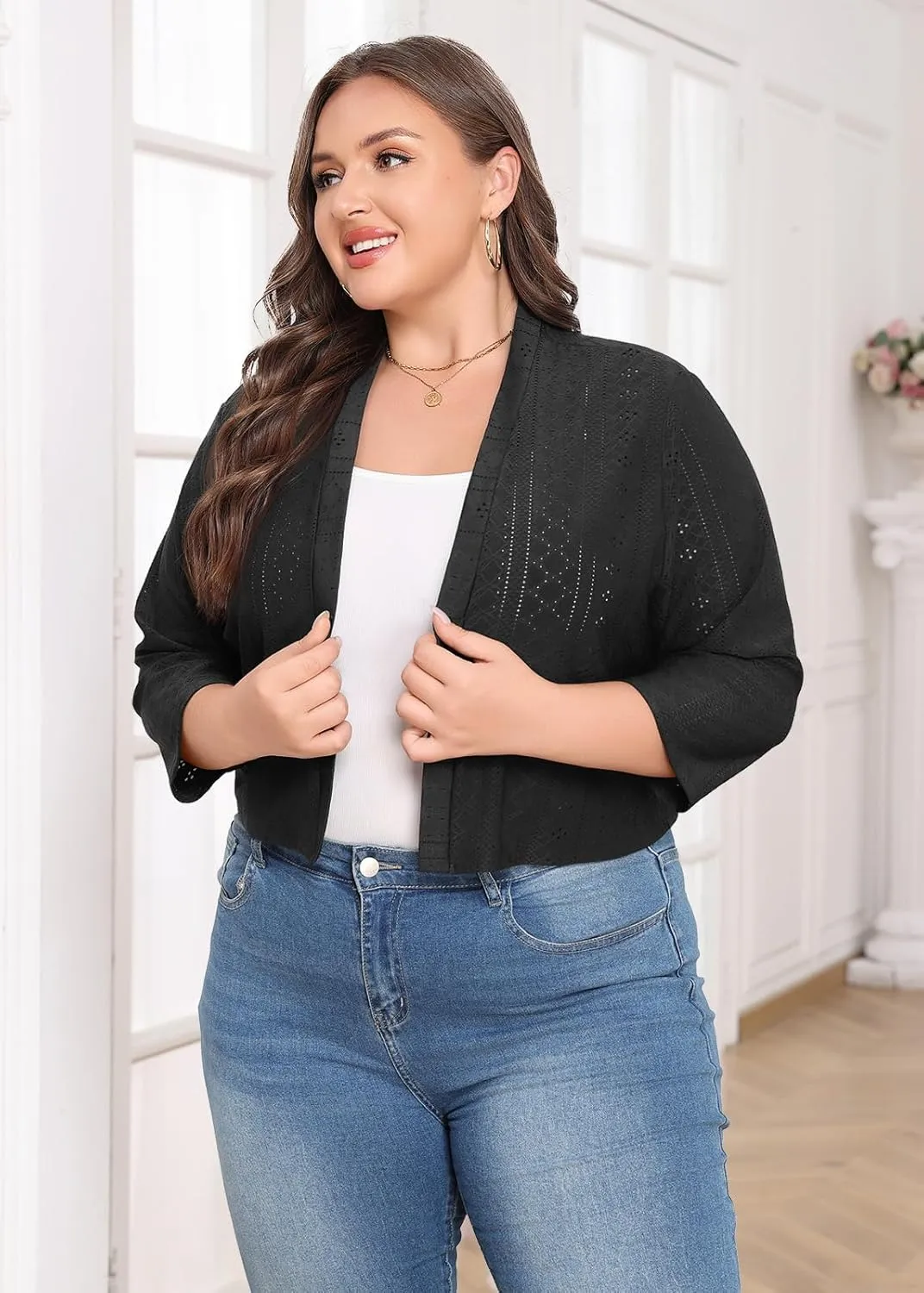 Lastshe Women's Plus Size Shrug Open Front 3/4 Sleeves Cropped Bolero Openwork Fabric Cardigan