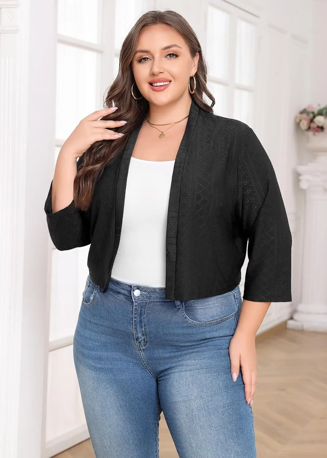 Lastshe Women's Plus Size Shrug Open Front 3/4 Sleeves Cropped Bolero Openwork Fabric Cardigan