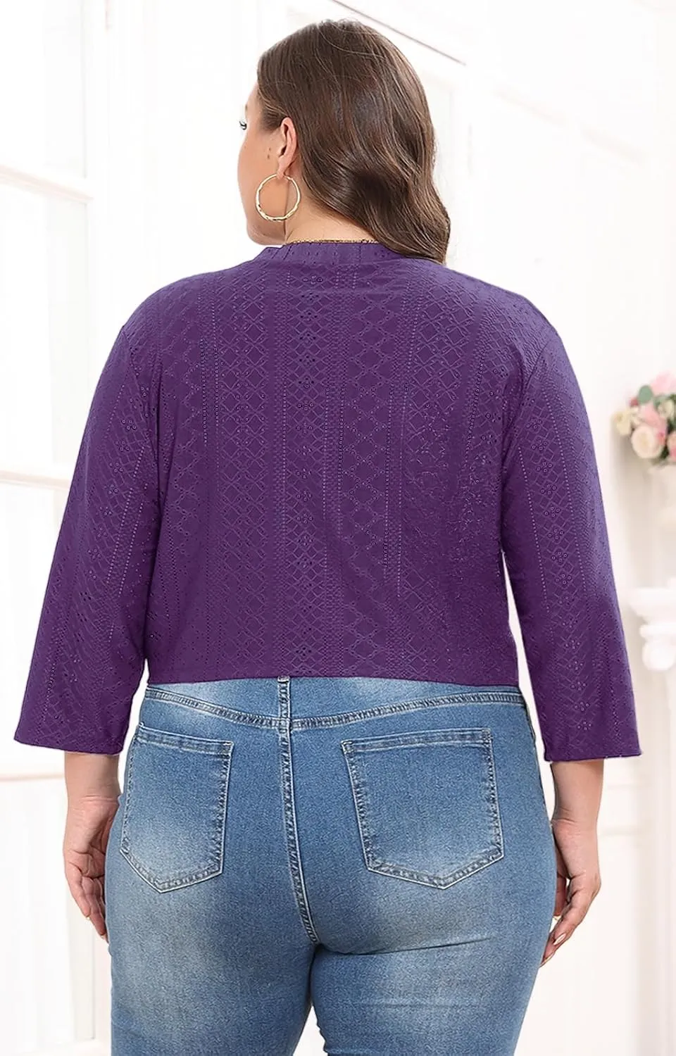 Lastshe Women's Plus Size Shrug Open Front 3/4 Sleeves Cropped Bolero Openwork Fabric Cardigan
