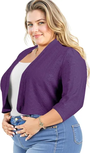 Lastshe Women's Plus Size Shrug Open Front 3/4 Sleeves Cropped Bolero Openwork Fabric Cardigan