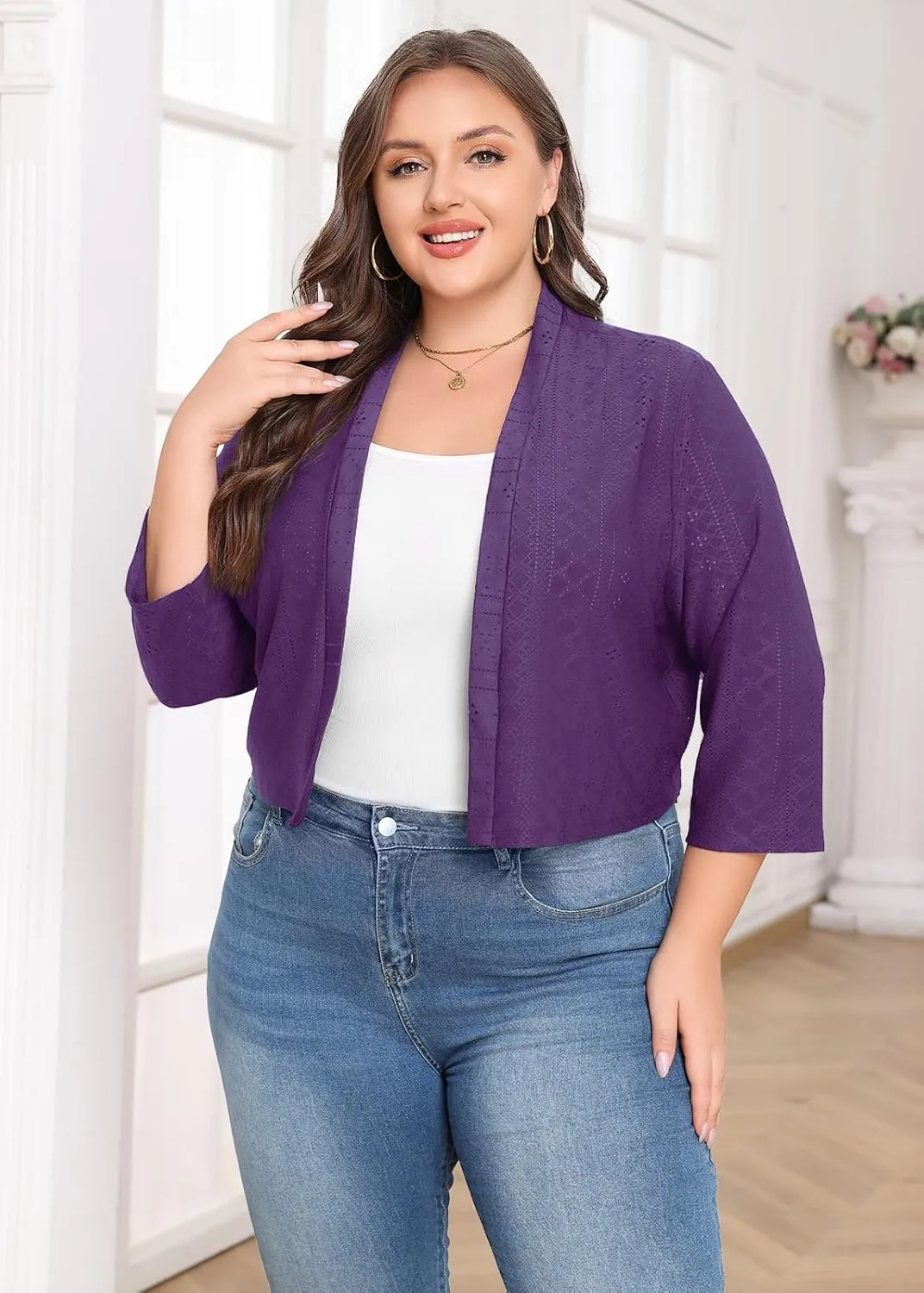 Lastshe Women's Plus Size Shrug Open Front 3/4 Sleeves Cropped Bolero Openwork Fabric Cardigan