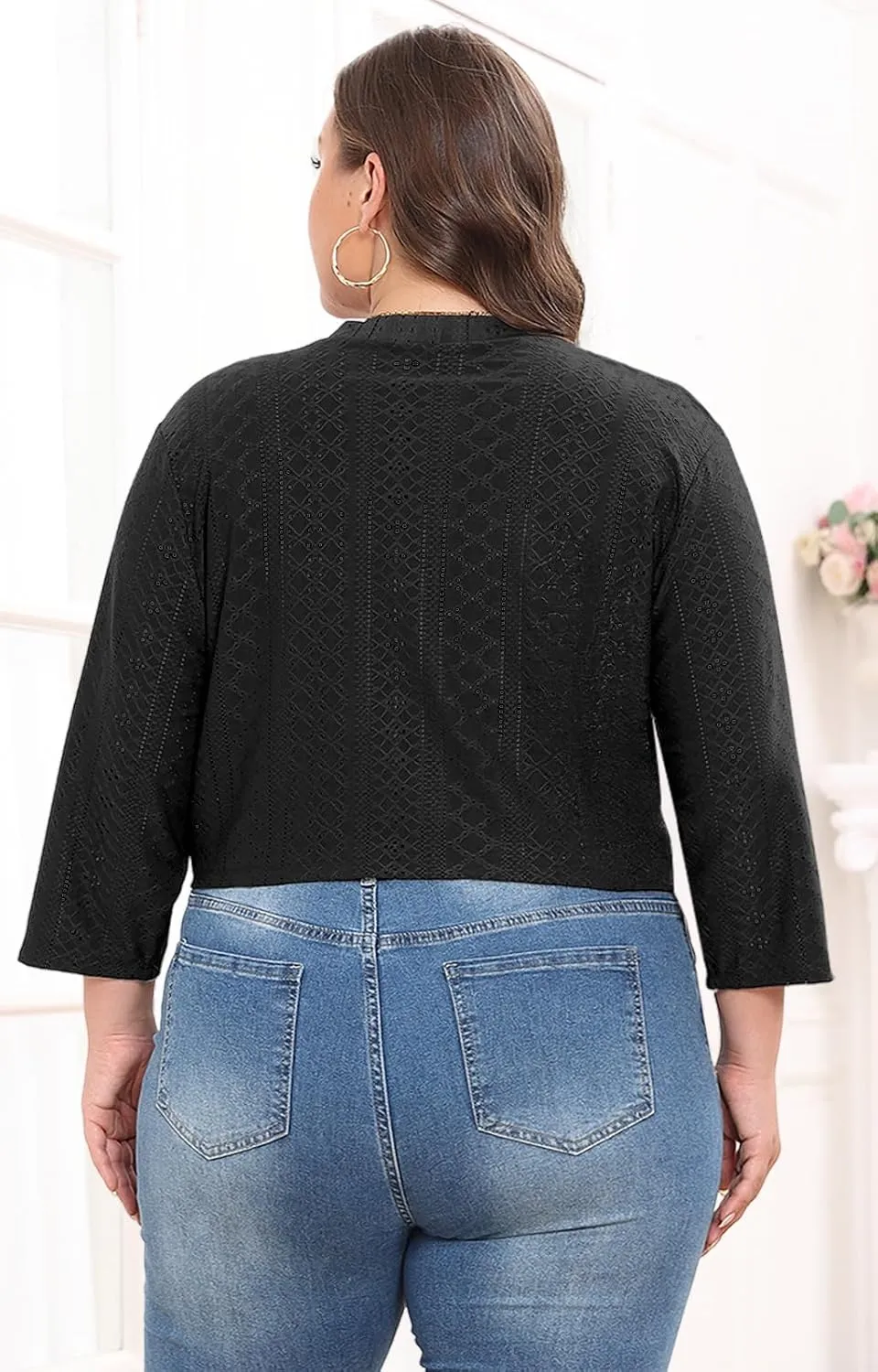 Lastshe Women's Plus Size Shrug Open Front 3/4 Sleeves Cropped Bolero Openwork Fabric Cardigan