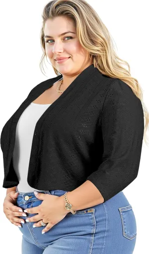 Lastshe Women's Plus Size Shrug Open Front 3/4 Sleeves Cropped Bolero Openwork Fabric Cardigan