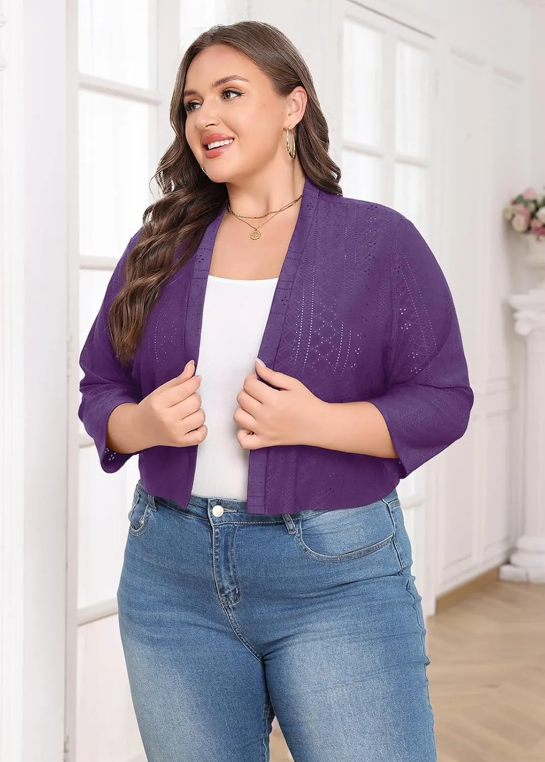 Lastshe Women's Plus Size Shrug Open Front 3/4 Sleeves Cropped Bolero Openwork Fabric Cardigan