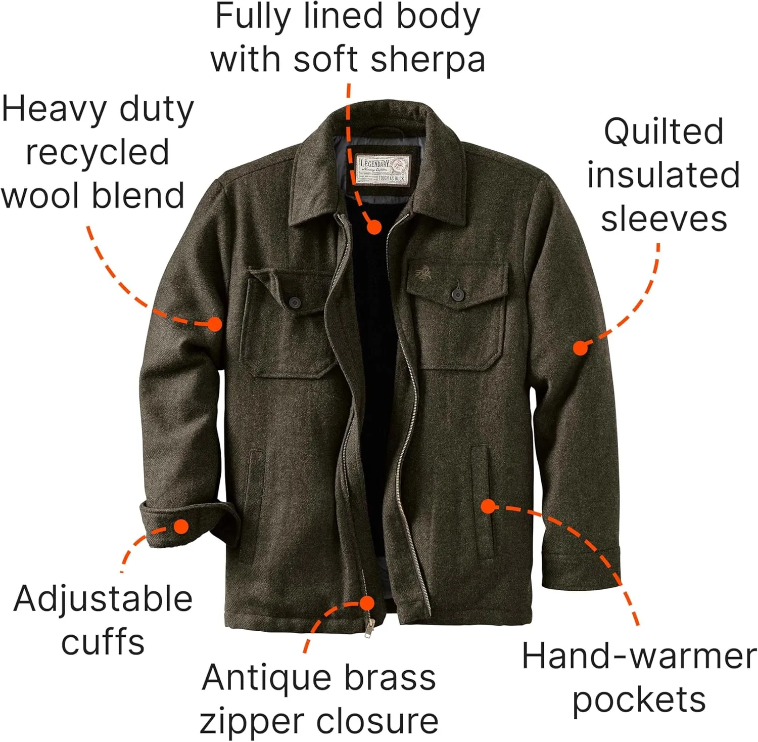 Legendary Whitetails Men's Outdoorsman Wool Coat Winter Outerwear Jacket Berber Lined Work Clothing