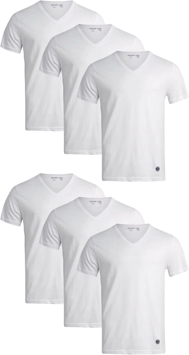 Life is Good Mens Undershirts - 6 Pack Lightweight Breathable Cotton Crewneck and V-Neck T Shirts for Men (Sizes: S-XL)