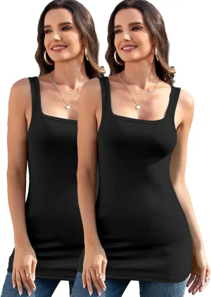 Long Tank Tops Cotton Ribbed Shirts Square Neck Camis Sleeveless Undershirts 2/3 Packs