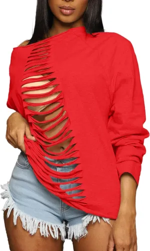LovelyWholesale Women Off the Shoulder Sweatshirt Sexy Ripped Long Sleeve Shirts