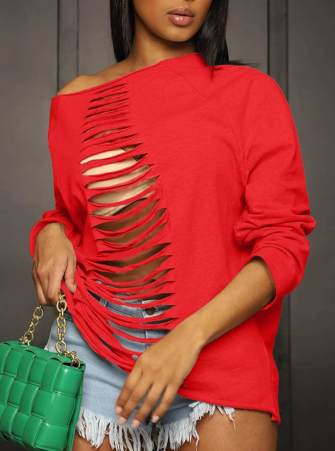 LovelyWholesale Women Off the Shoulder Sweatshirt Sexy Ripped Long Sleeve Shirts