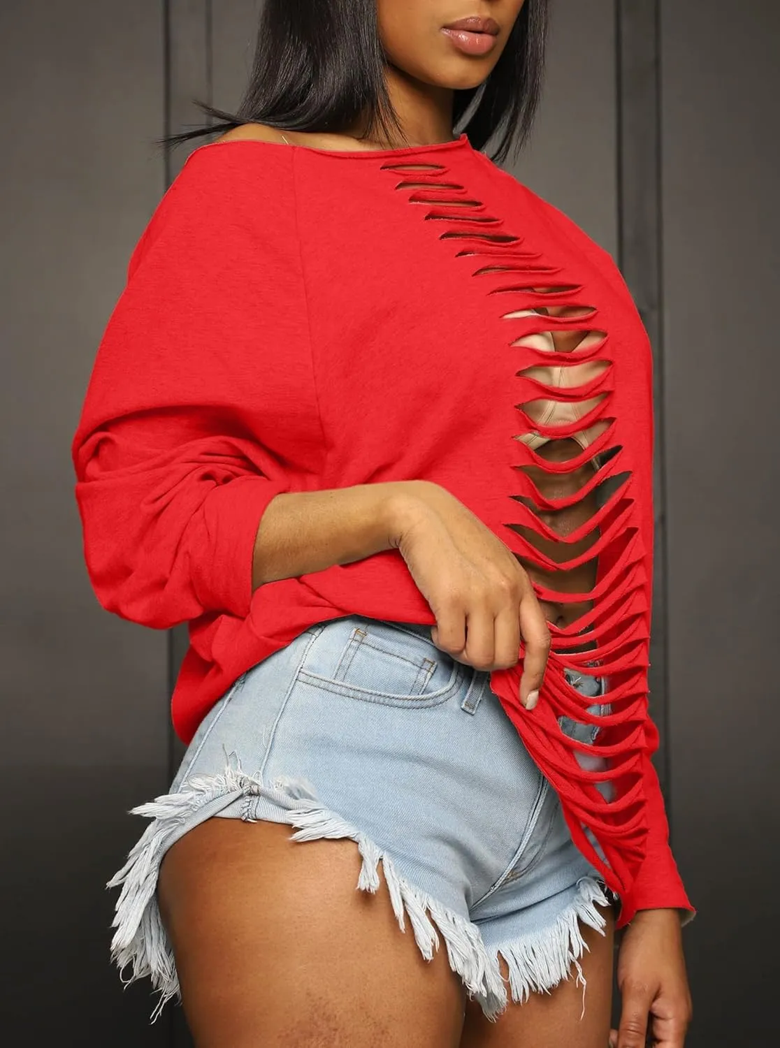 LovelyWholesale Women Off the Shoulder Sweatshirt Sexy Ripped Long Sleeve Shirts