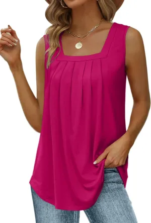 MAIHUN Womens Pleated Square Neck Tank Tops Summer Loose Fit Sleeveless Solid Color Vest