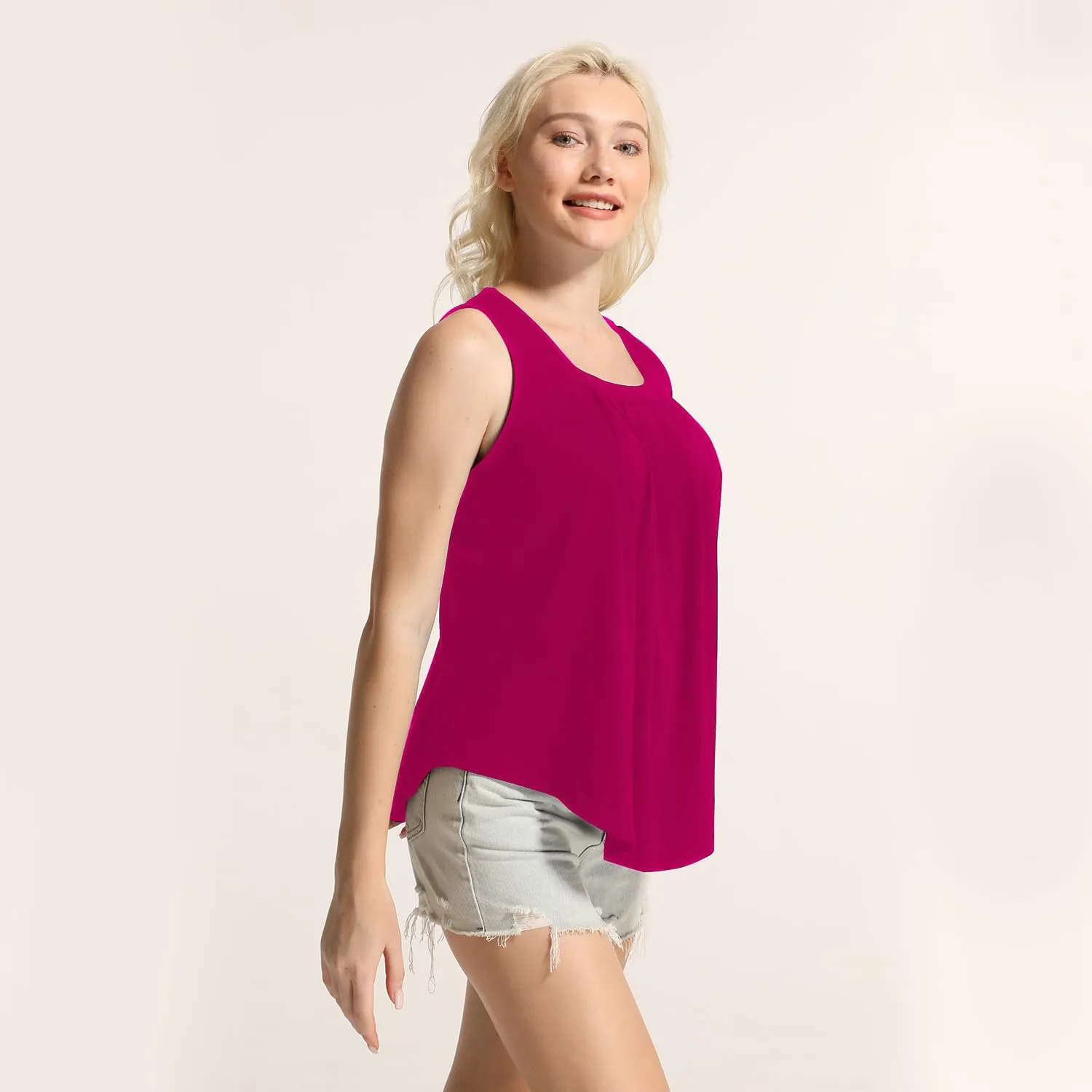 MAIHUN Womens Pleated Square Neck Tank Tops Summer Loose Fit Sleeveless Solid Color Vest