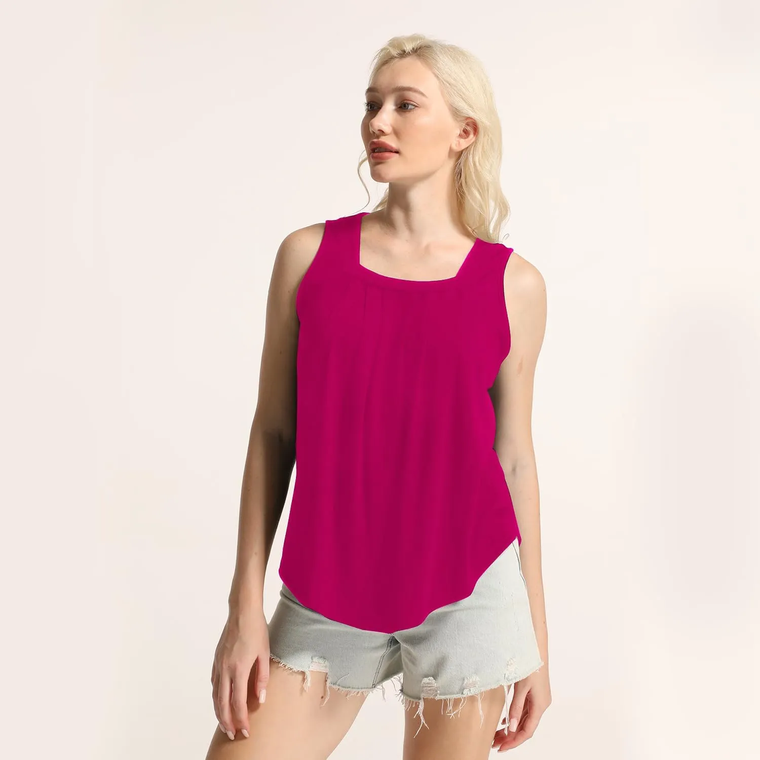 MAIHUN Womens Pleated Square Neck Tank Tops Summer Loose Fit Sleeveless Solid Color Vest