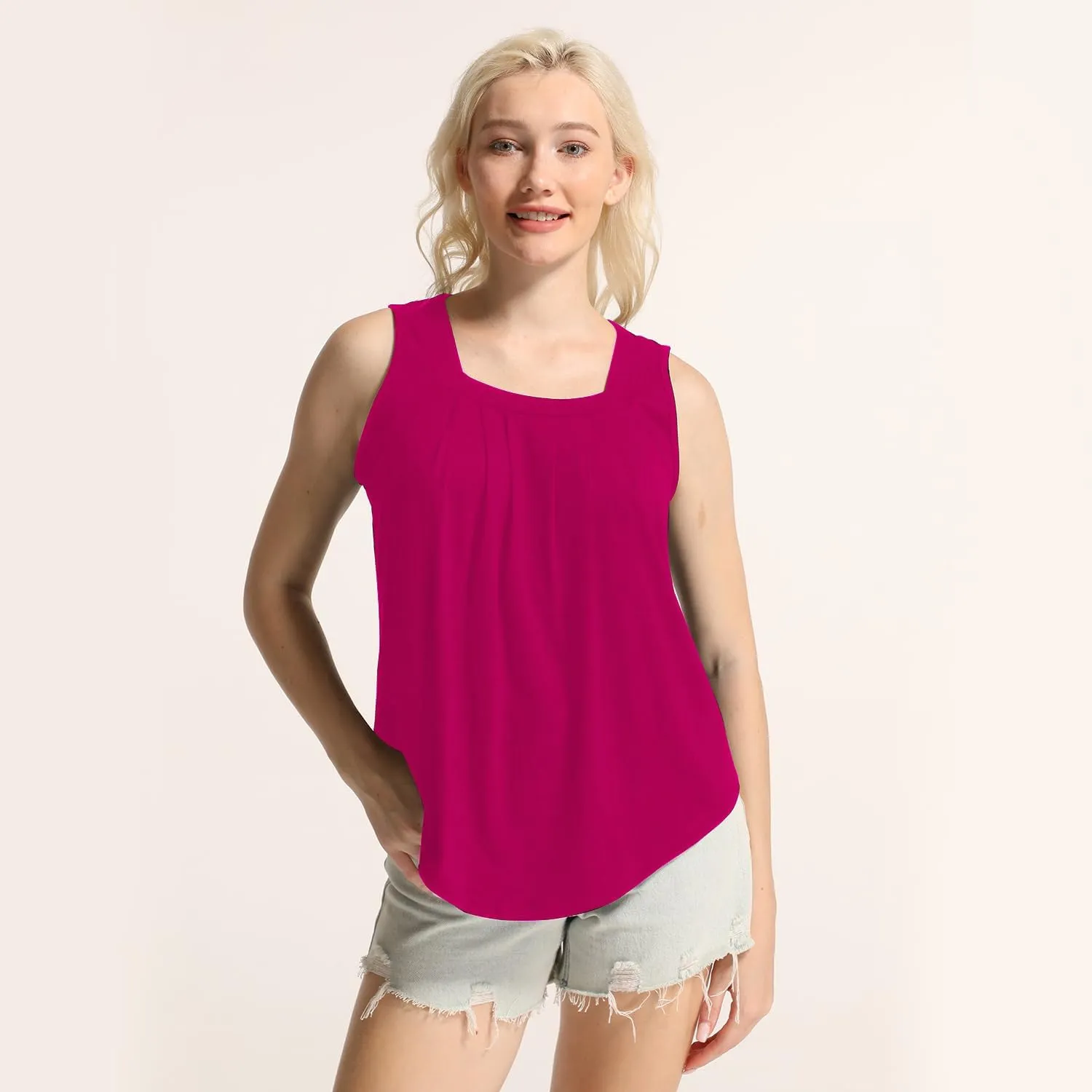 MAIHUN Womens Pleated Square Neck Tank Tops Summer Loose Fit Sleeveless Solid Color Vest