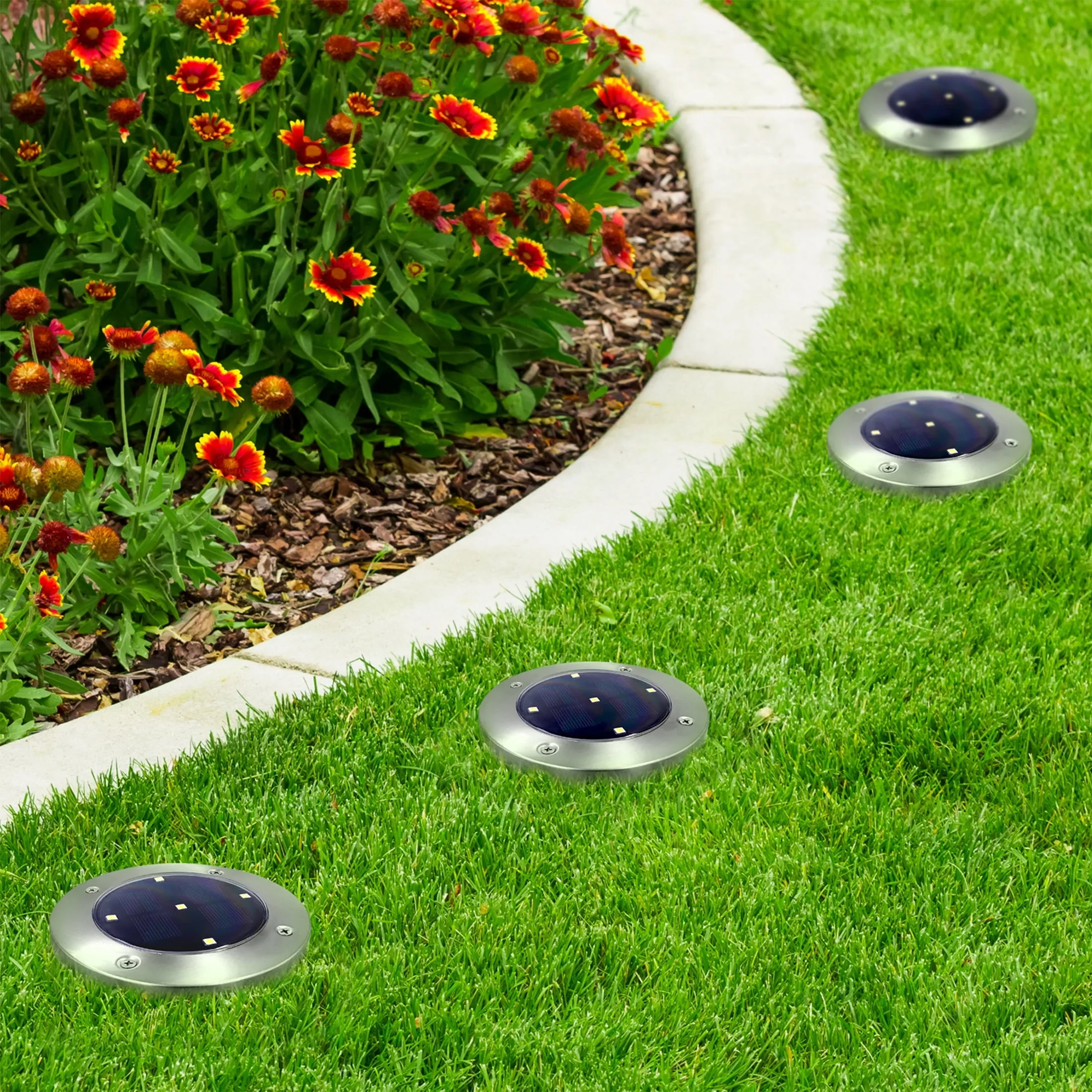 Mainstays Solar Powered Stainless Steel LED Landscape Disc Lights, 12 Lumens (4 Count)