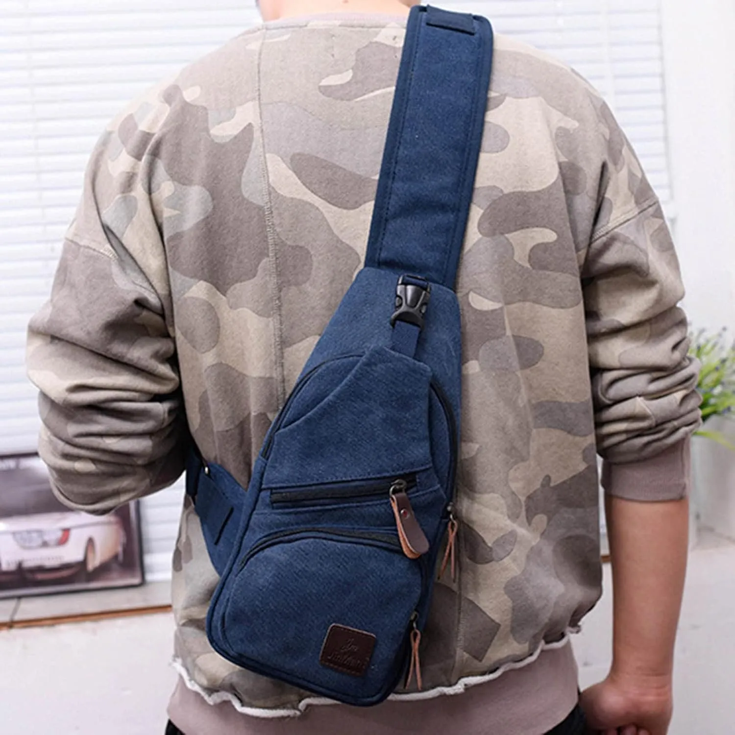 Men Messenger Bags Fashion Outdoor Canvas Chest Bags Bike Functional Pocket Travel Backpack Bears (Blue, One Size)