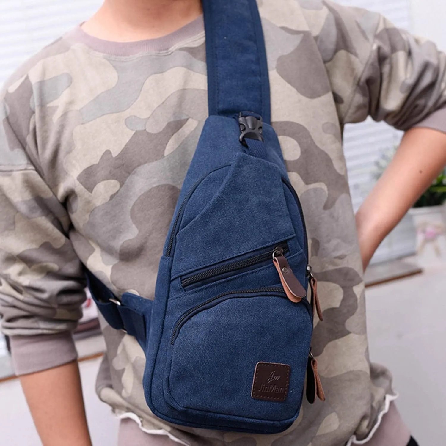 Men Messenger Bags Fashion Outdoor Canvas Chest Bags Bike Functional Pocket Travel Backpack Bears (Blue, One Size)