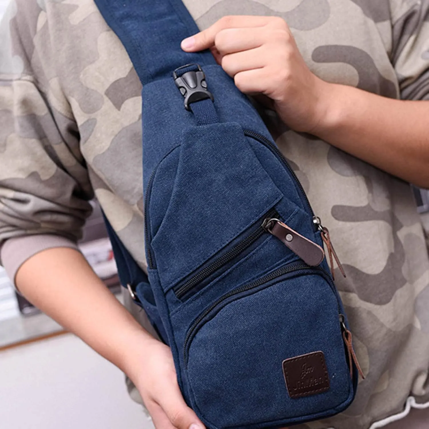 Men Messenger Bags Fashion Outdoor Canvas Chest Bags Bike Functional Pocket Travel Backpack Bears (Blue, One Size)