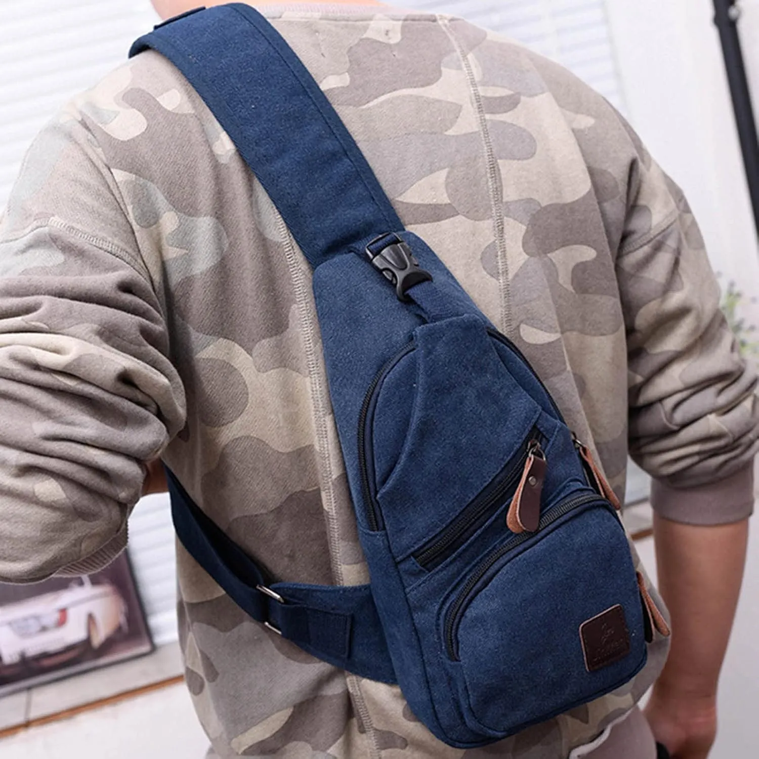 Men Messenger Bags Fashion Outdoor Canvas Chest Bags Bike Functional Pocket Travel Backpack Bears (Blue, One Size)