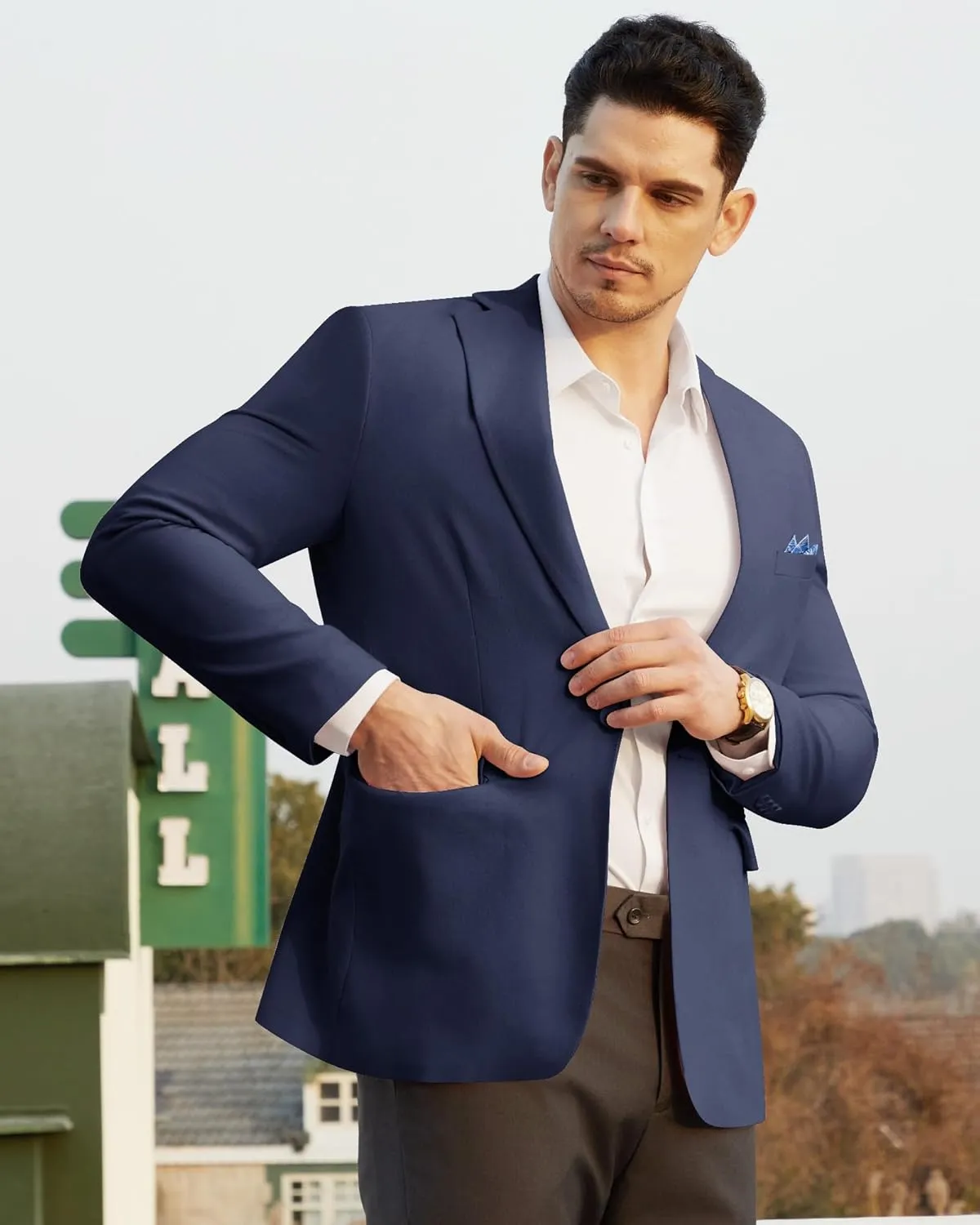 Mens Blazer Casual Sport Coats Slim Fit Lightweight Suit Jacket One Button Summer Blazers with Pocket Square