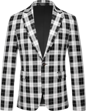 Mens Blazer Plaid Sport Coats One Button Casual Slim Fit Checked Jacket