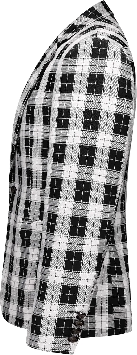 Mens Blazer Plaid Sport Coats One Button Casual Slim Fit Checked Jacket
