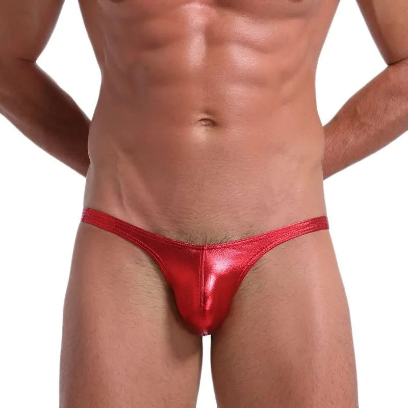Mens Leather Thong Underwear Enhancing Imitation Leather Thongs Sexy Low Rise G-Strings Bikini Pouch Bulge Trunks