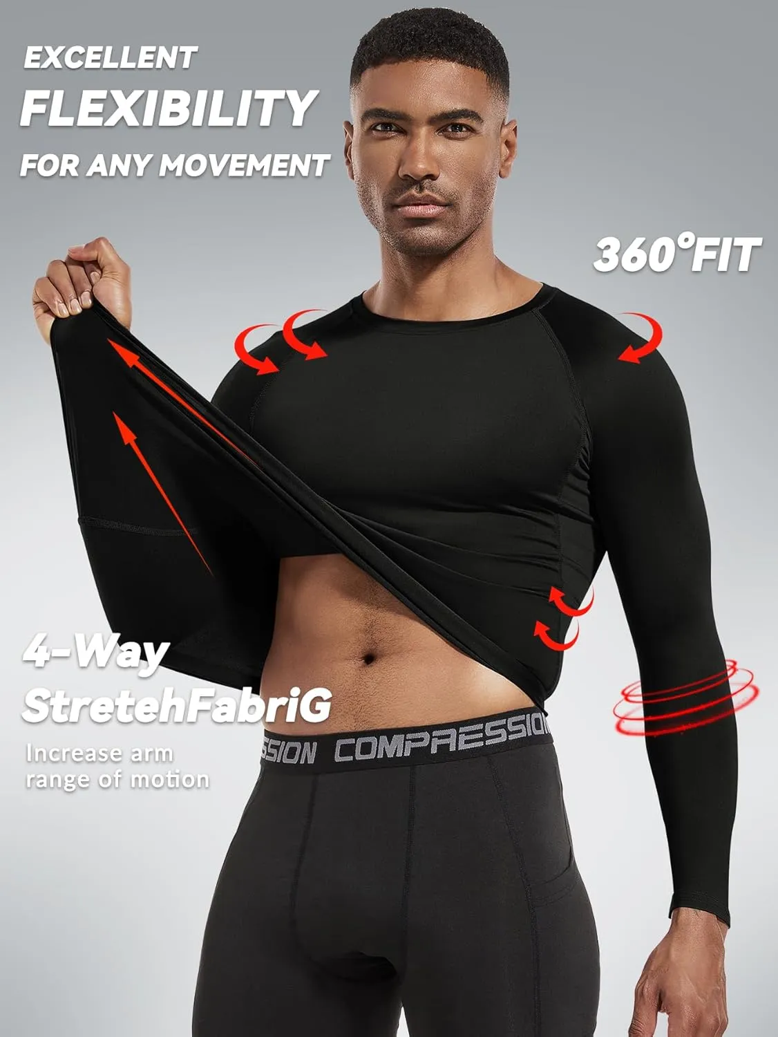 Men's (Pack of 3 or 5) Cool Dry Compression Long Sleeve Sports Baselayer T-Shirts Tops