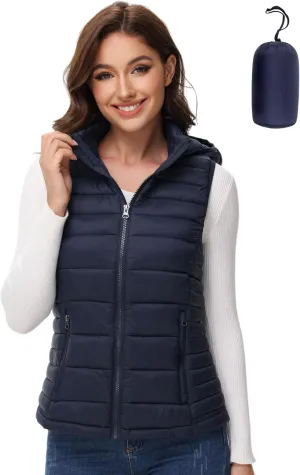 MIDNIGHTSUN Womens Packable Puffer Vest Lightweight Hooded Full Zip Warm Winter Puffy Vest