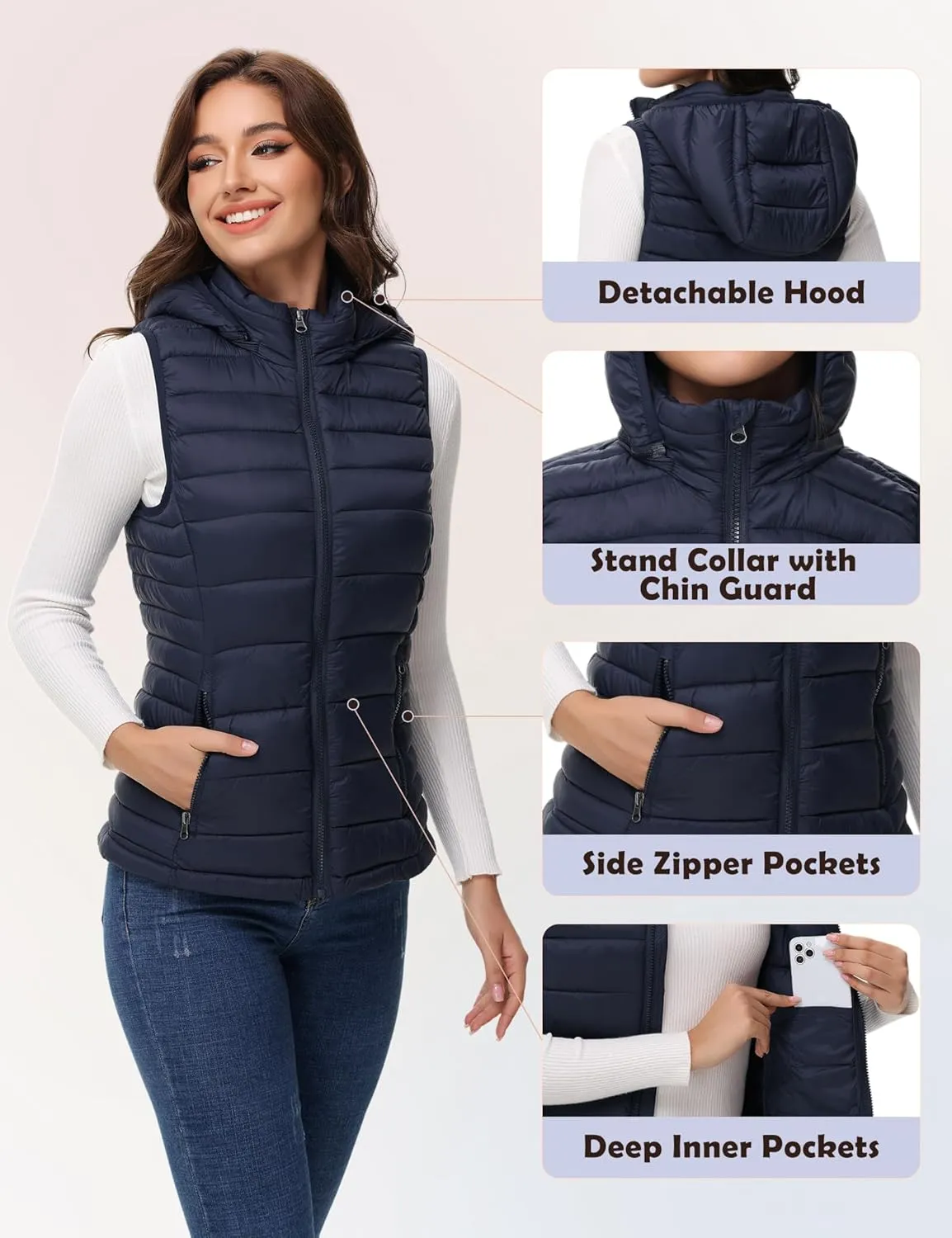 MIDNIGHTSUN Womens Packable Puffer Vest Lightweight Hooded Full Zip Warm Winter Puffy Vest