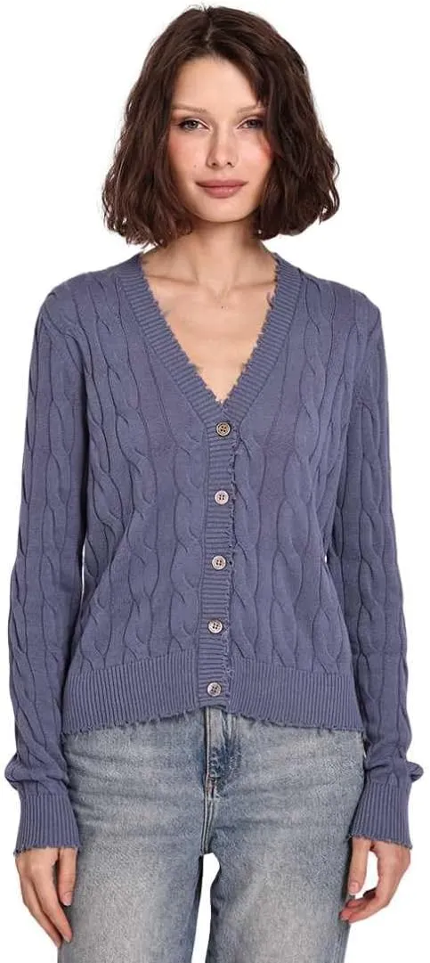 Minnie Rose Women's Long Sleeve V Neck Cotton Frayed Cardigan Sweater