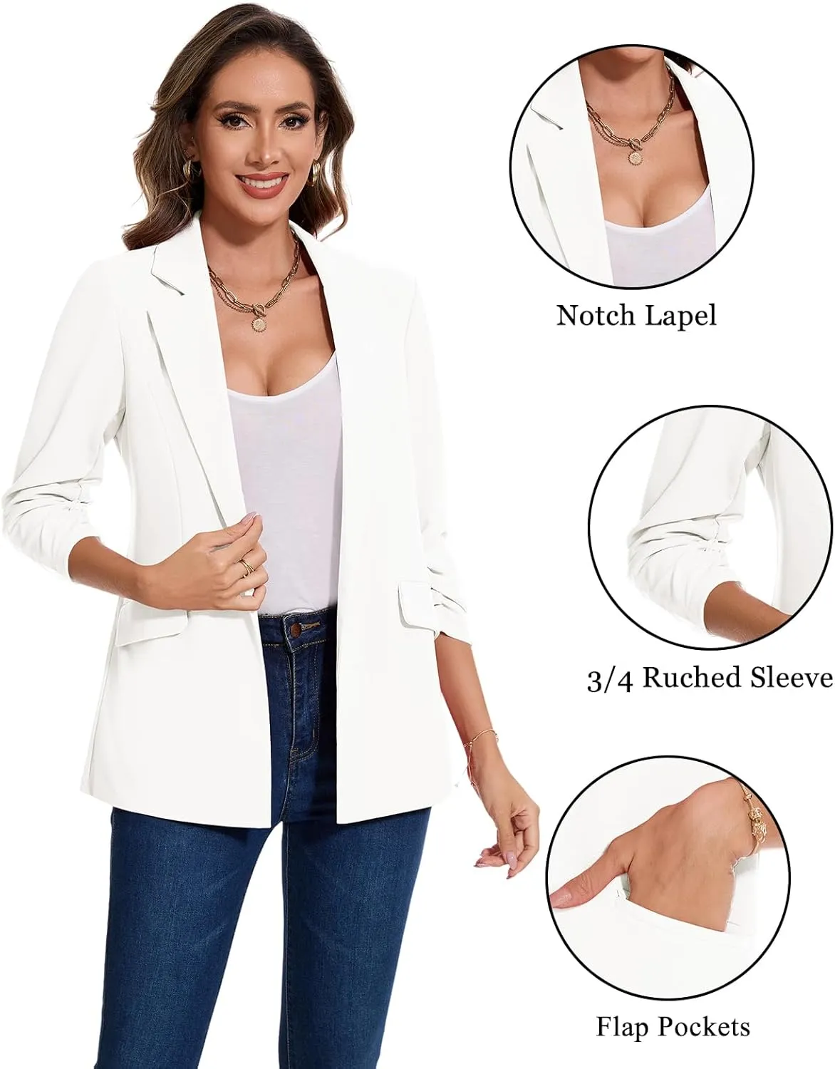 MINTLIMIT Blazer for Women Open Front 3/4 Ruched Sleeve Suit Jacket Notched Collar Casual Work Office Blazers with Pockets