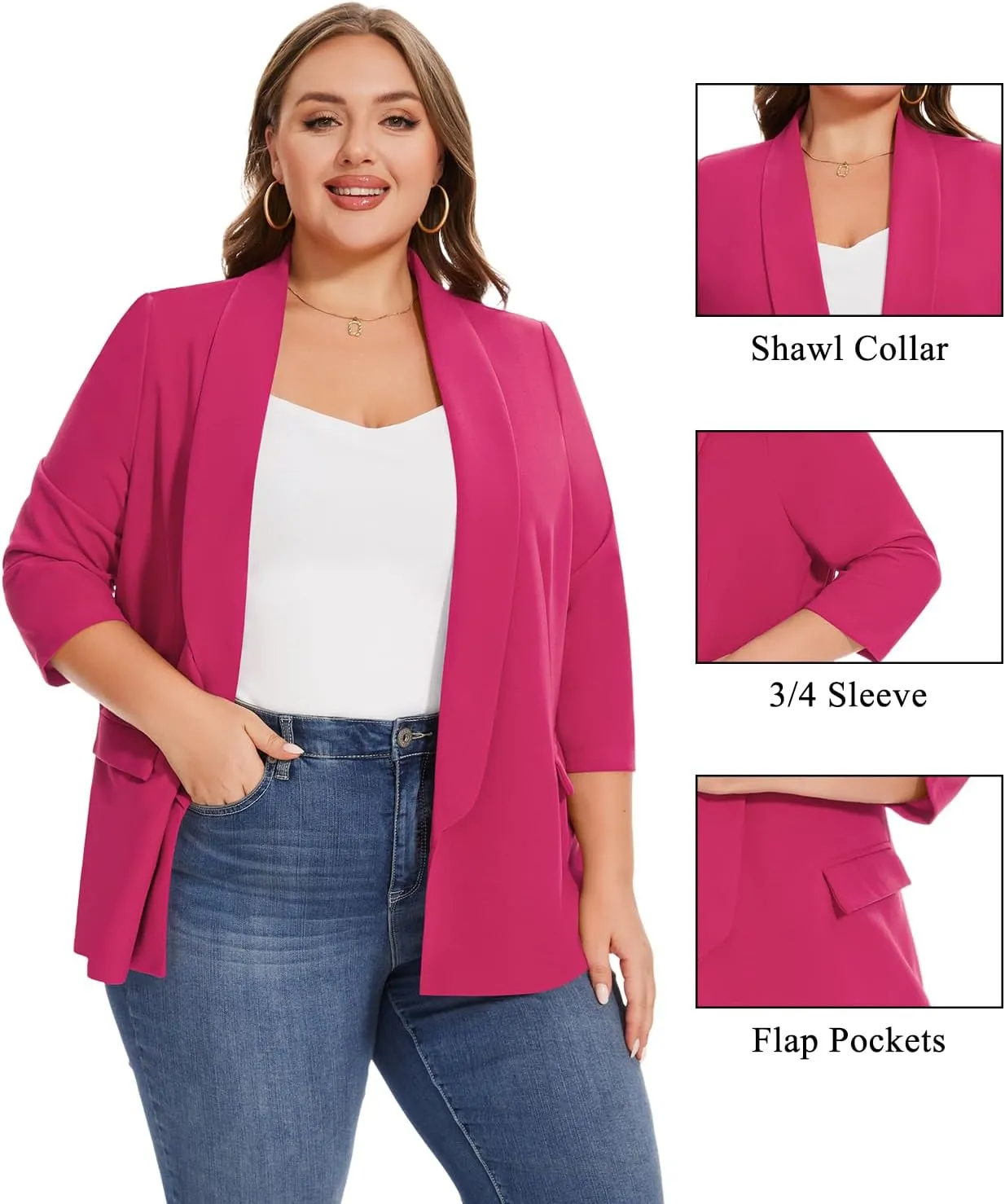 MINTLIMIT Plus Size Blazers for Women Casual Work Office 3/4 Sleeve Open Front Cardigan Suit Jacket Blazer with Pockets