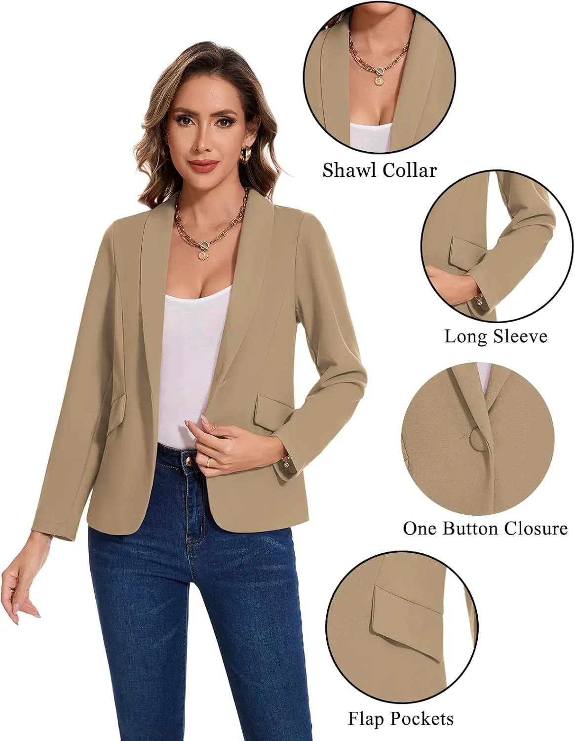 MINTLIMIT Women's Long Sleeve Work Casual Blazer Shawl Lapel Button Open Front Blazers Business Suit Jackets with Pockets
