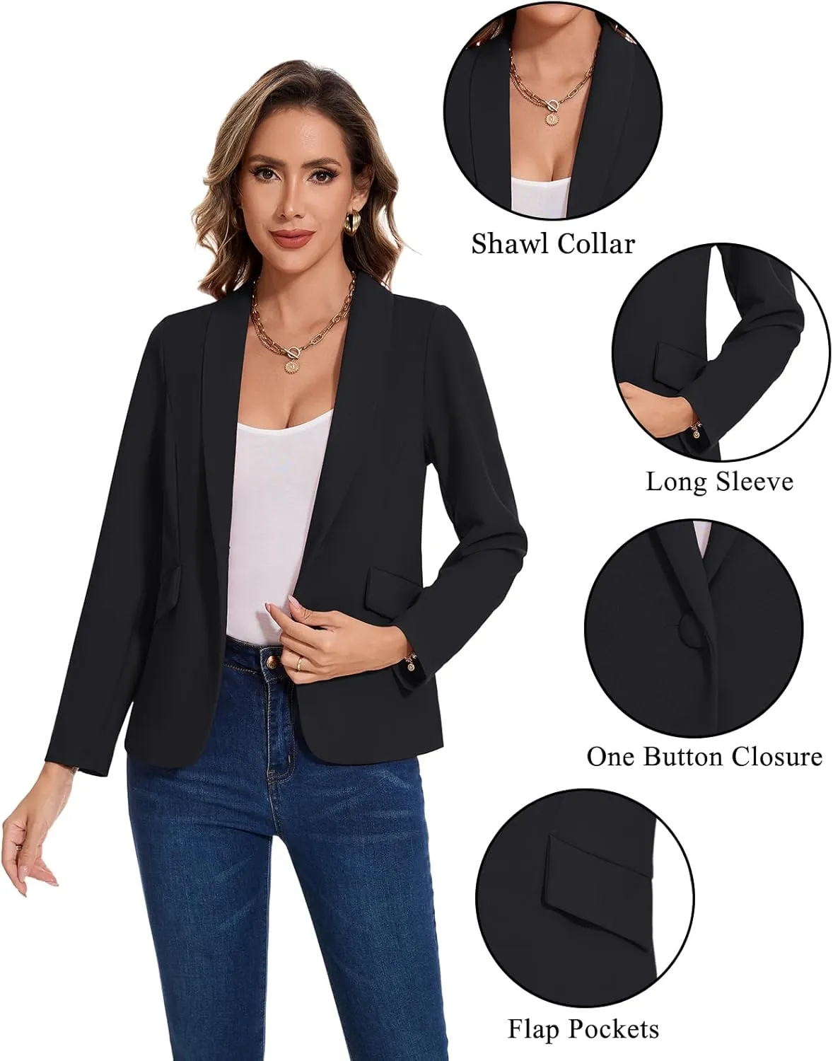 MINTLIMIT Women's Long Sleeve Work Casual Blazer Shawl Lapel Button Open Front Blazers Business Suit Jackets with Pockets