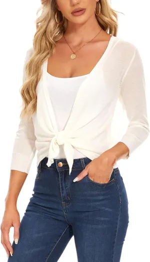 MINTLIMIT Women's Tie Front Cardigan Casual 3/4 Sleeve Bolero Shrug Knotted Lightweight Sheer Shrug Cardigan Sweater Top