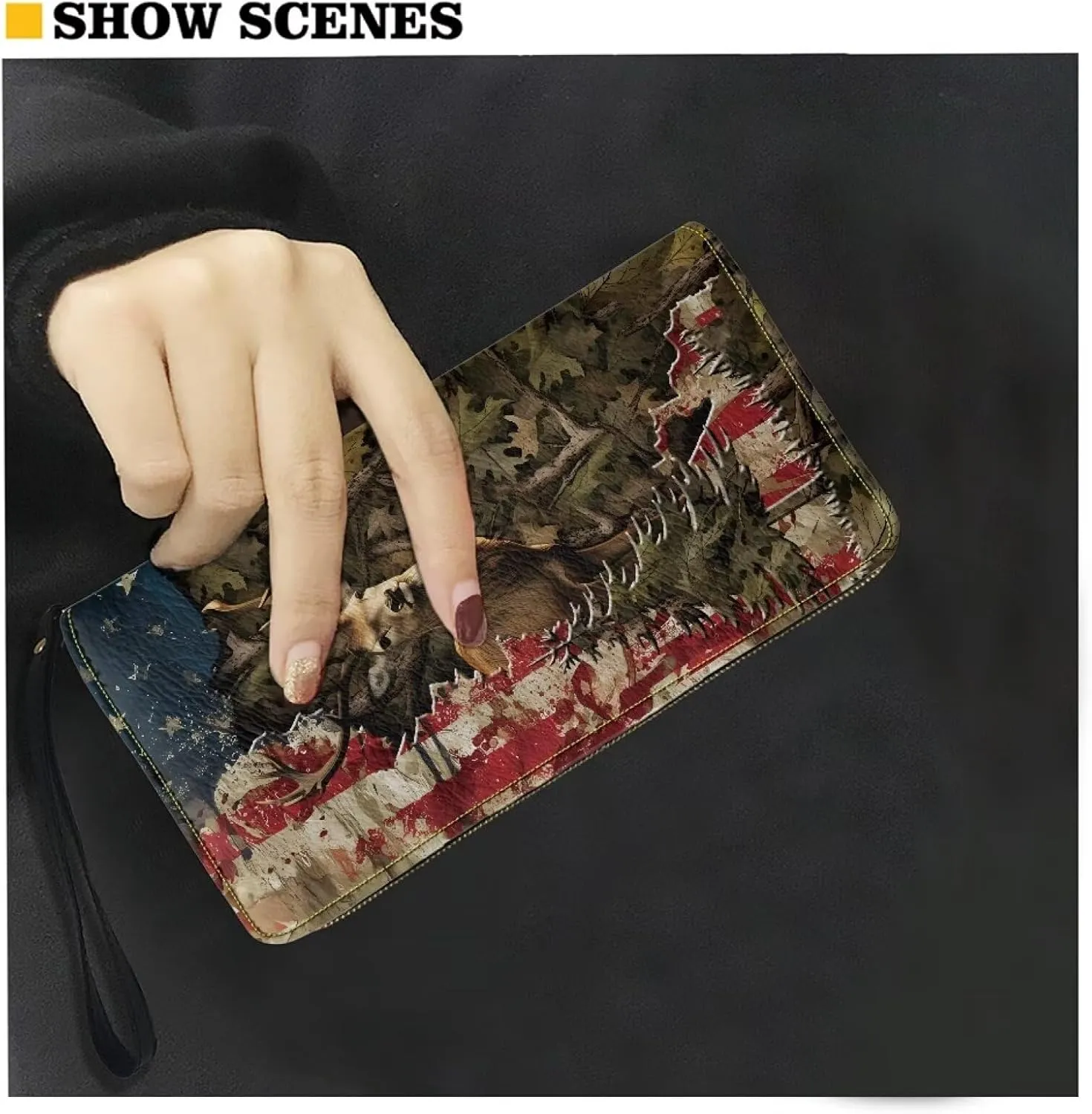 Mumeson 3D Deer Long Wallet Casual Zipper Round Long Wallet with Wristlet Portable Leather PU Purse for Travel School Multi-functional Pouch Mini Handbags