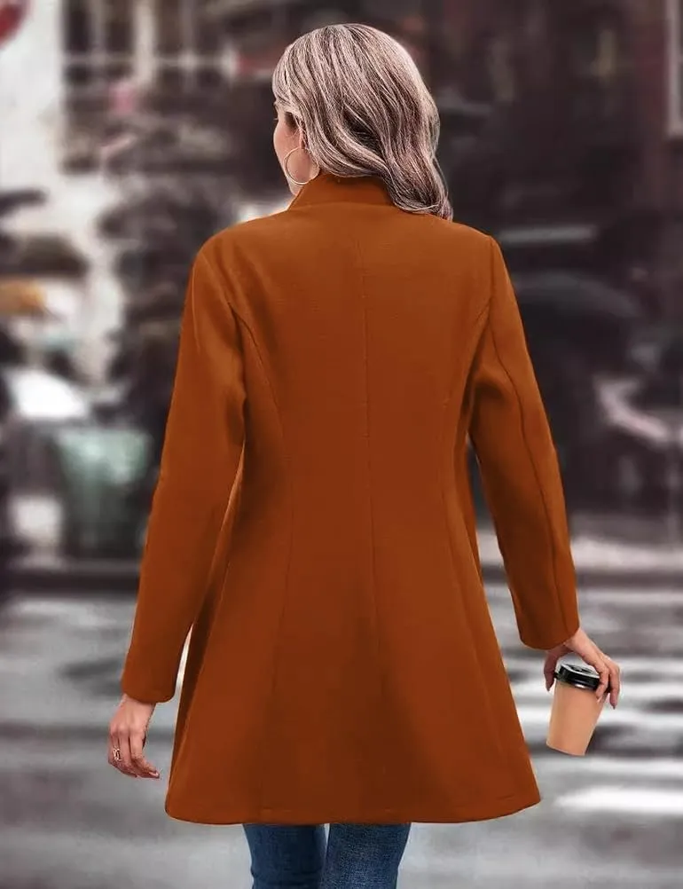 Mywinway Wool Coats for Women Fall Winter Trench Coat Peacoat Long Tweed Blazer Jackets Outwear,Beige,L