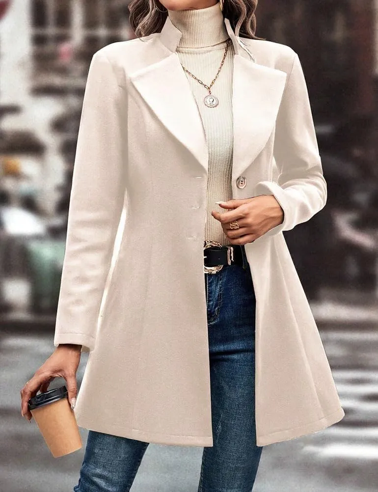 Mywinway Wool Coats for Women Fall Winter Trench Coat Peacoat Long Tweed Blazer Jackets Outwear,Beige,L