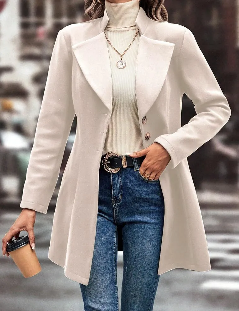 Mywinway Wool Coats for Women Fall Winter Trench Coat Peacoat Long Tweed Blazer Jackets Outwear,Beige,L