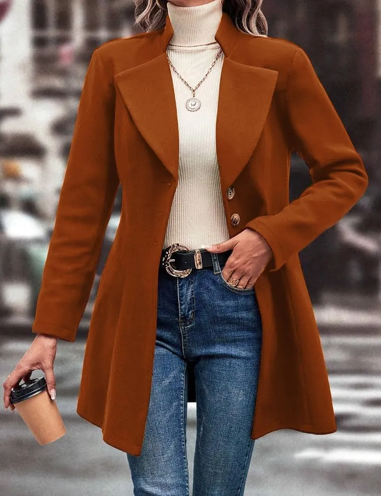 Mywinway Wool Coats for Women Fall Winter Trench Coat Peacoat Long Tweed Blazer Jackets Outwear,Beige,L